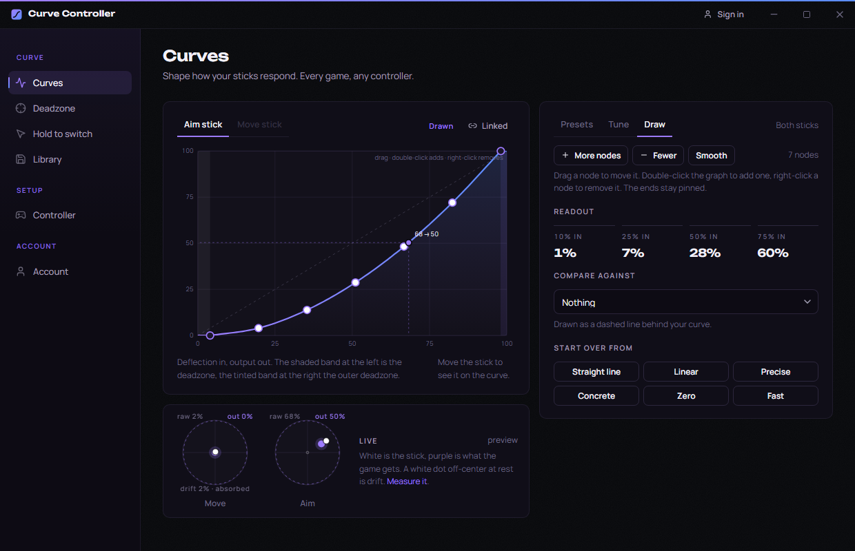 The Draw panel: a response curve with seven draggable nodes and a readout of output at 10, 25, 50 and 75 percent