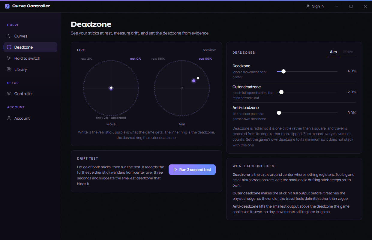 The Deadzone tab: live stick view for both sticks, a drift test, and sliders for deadzone, outer deadzone and anti-deadzone